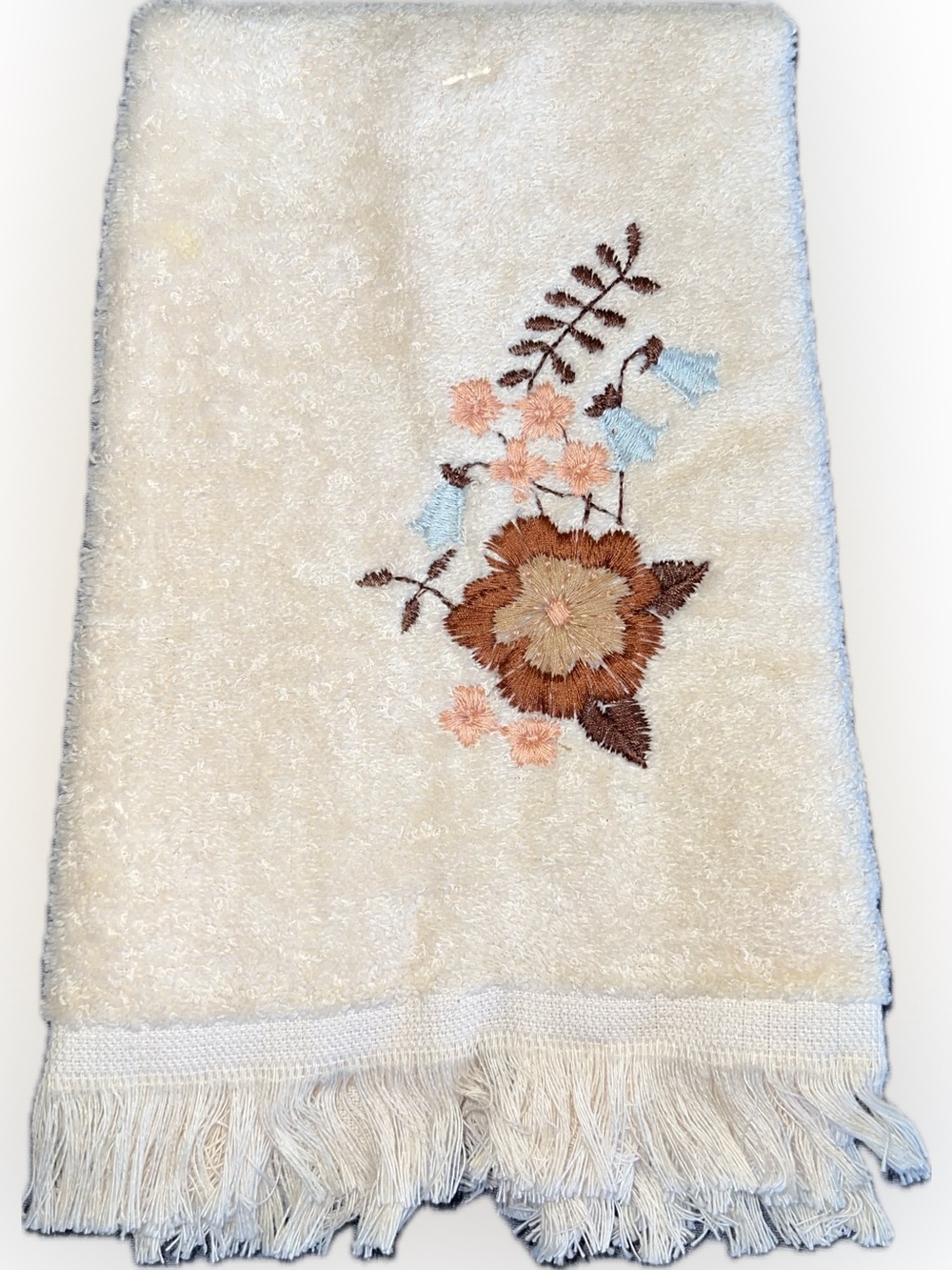 🔴Vintage New Cannon Cream Terry Cloth Fingertip Tea Cotton Floral Fringe Towel